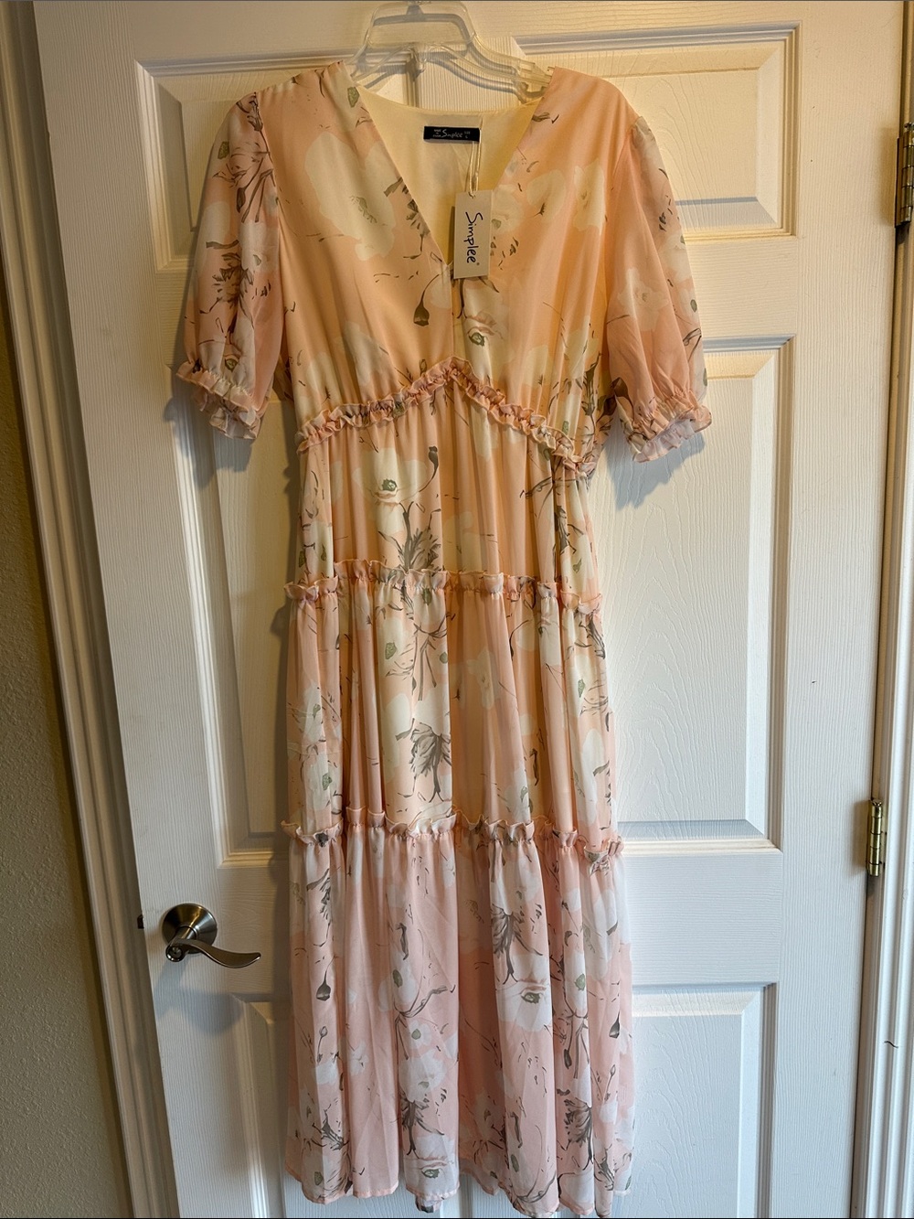Simplee Apparel Peach Floral Tiered Midi Dress